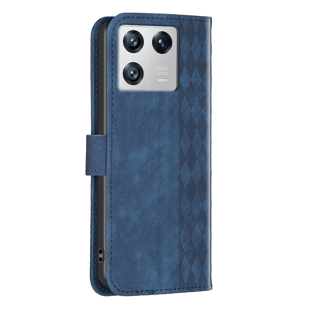 Xiaomi 13 Case - Embossed Plaid Leather Wallet Cover with Card Slots, Kickstand, and 360 degree Protection