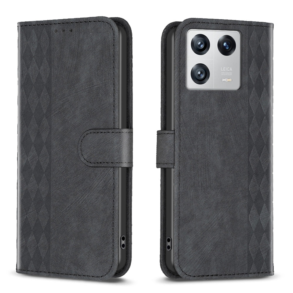 Xiaomi 13 Case - Embossed Plaid Leather Wallet Cover with Card Slots, Kickstand, and 360 degree Protection