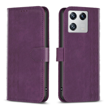 Xiaomi 13 Case - Embossed Plaid Leather Wallet Cover with Card Slots, Kickstand, and 360 degree Protection