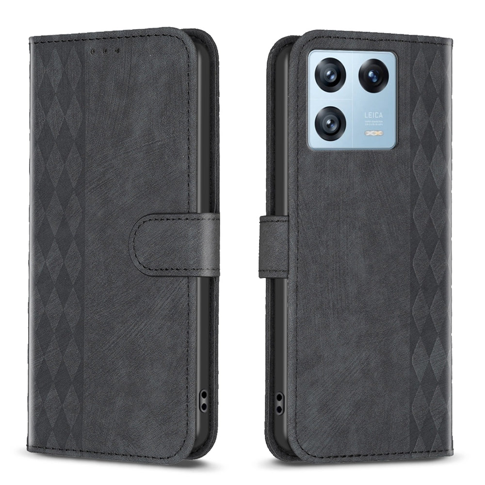 Xiaomi 13 Pro Case - Embossed Plaid Leather Wallet Cover with Card Slots, Kickstand, and 360 degree Protection