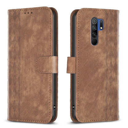 Xiaomi Redmi 9 Case - Embossed Plaid Leather Wallet Cover with Card Slots, Kickstand, and 360 degree Protection