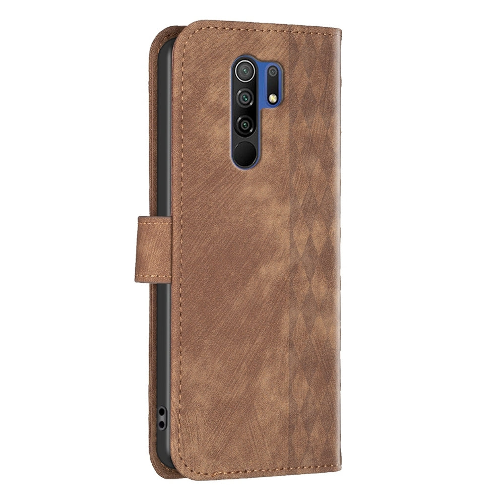 Xiaomi Redmi 9 Case - Embossed Plaid Leather Wallet Cover with Card Slots, Kickstand, and 360 degree Protection