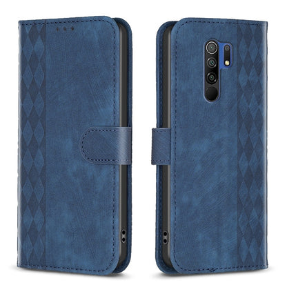 Xiaomi Redmi 9 Case - Embossed Plaid Leather Wallet Cover with Card Slots, Kickstand, and 360 degree Protection