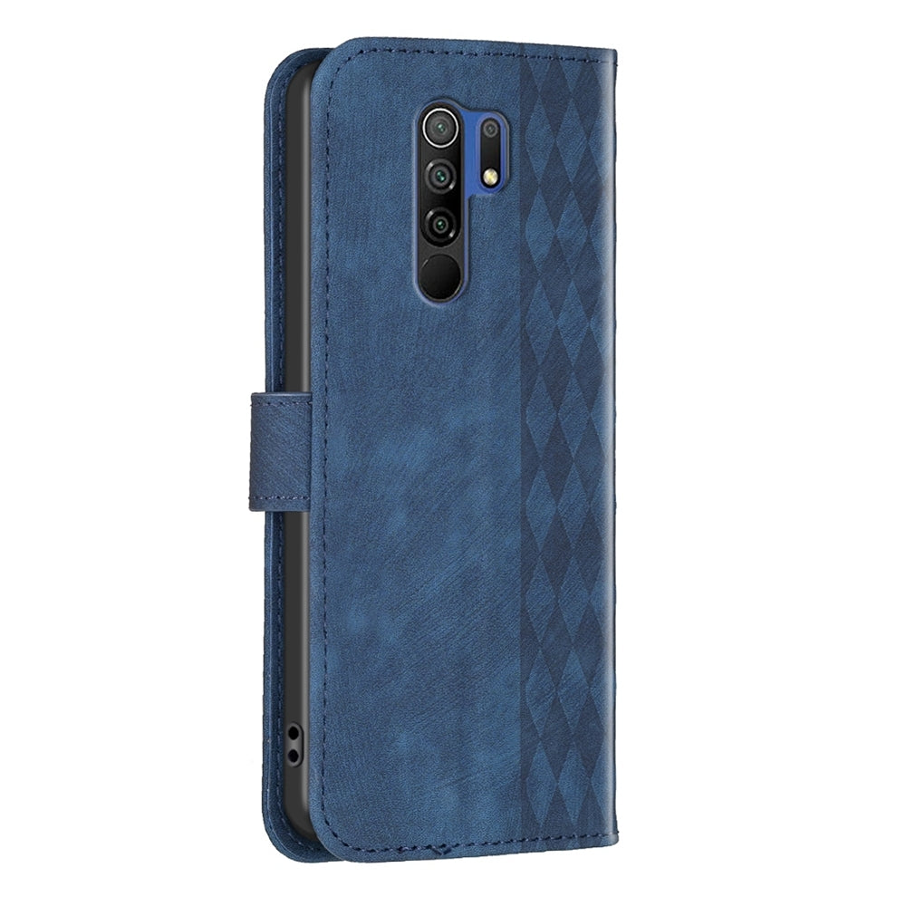 Xiaomi Redmi 9 Case - Embossed Plaid Leather Wallet Cover with Card Slots, Kickstand, and 360 degree Protection