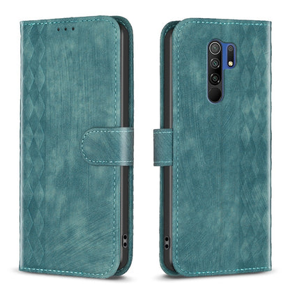 Xiaomi Redmi 9 Case - Embossed Plaid Leather Wallet Cover with Card Slots, Kickstand, and 360 degree Protection