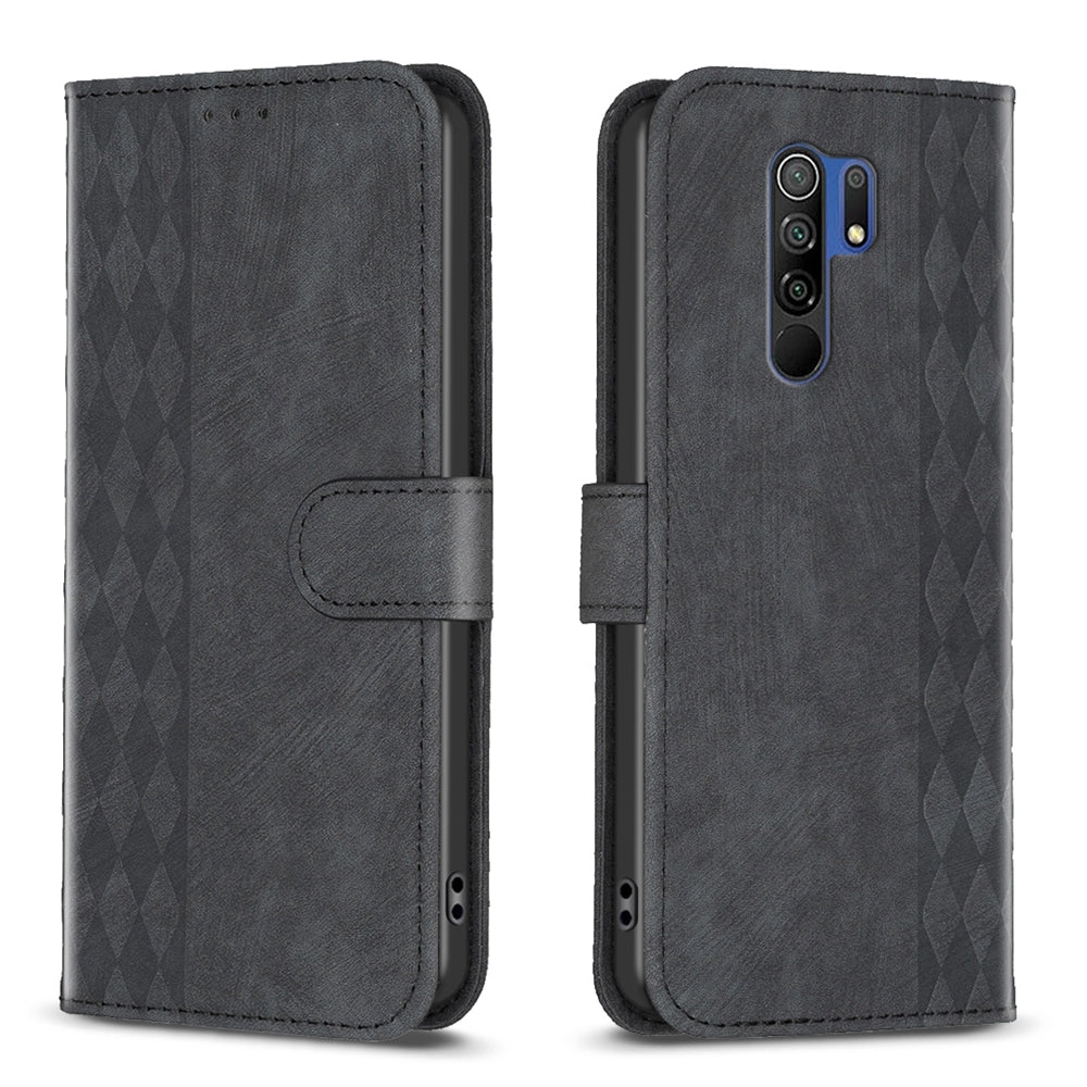 Xiaomi Redmi 9 Case - Embossed Plaid Leather Wallet Cover with Card Slots, Kickstand, and 360 degree Protection