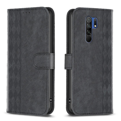 Xiaomi Redmi 9 Case - Embossed Plaid Leather Wallet Cover with Card Slots, Kickstand, and 360 degree Protection