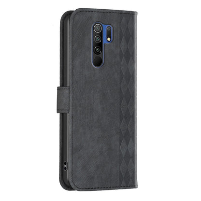 Xiaomi Redmi 9 Case - Embossed Plaid Leather Wallet Cover with Card Slots, Kickstand, and 360 degree Protection