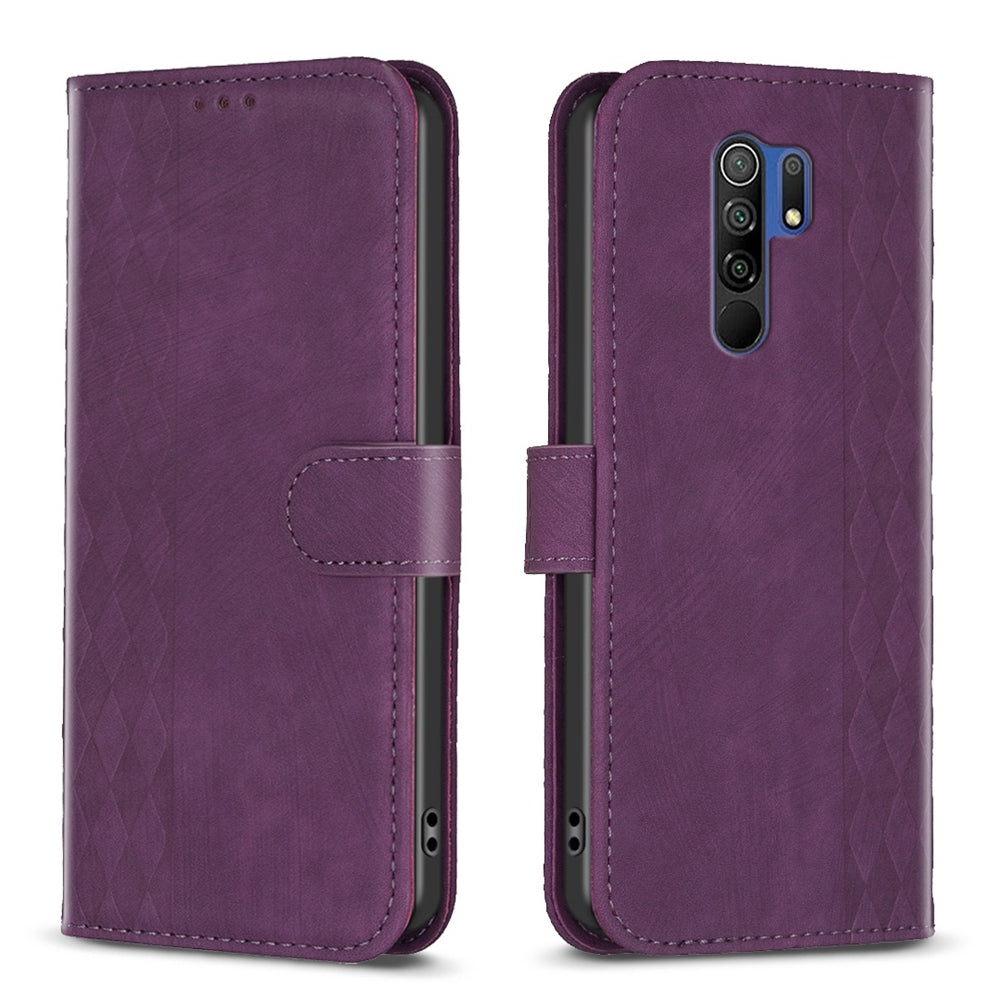 Xiaomi Redmi 9 Case - Embossed Plaid Leather Wallet Cover with Card Slots, Kickstand, and 360 degree Protection