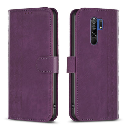 Xiaomi Redmi 9 Case - Embossed Plaid Leather Wallet Cover with Card Slots, Kickstand, and 360 degree Protection