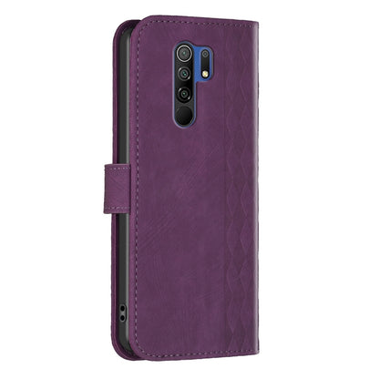 Xiaomi Redmi 9 Case - Embossed Plaid Leather Wallet Cover with Card Slots, Kickstand, and 360 degree Protection