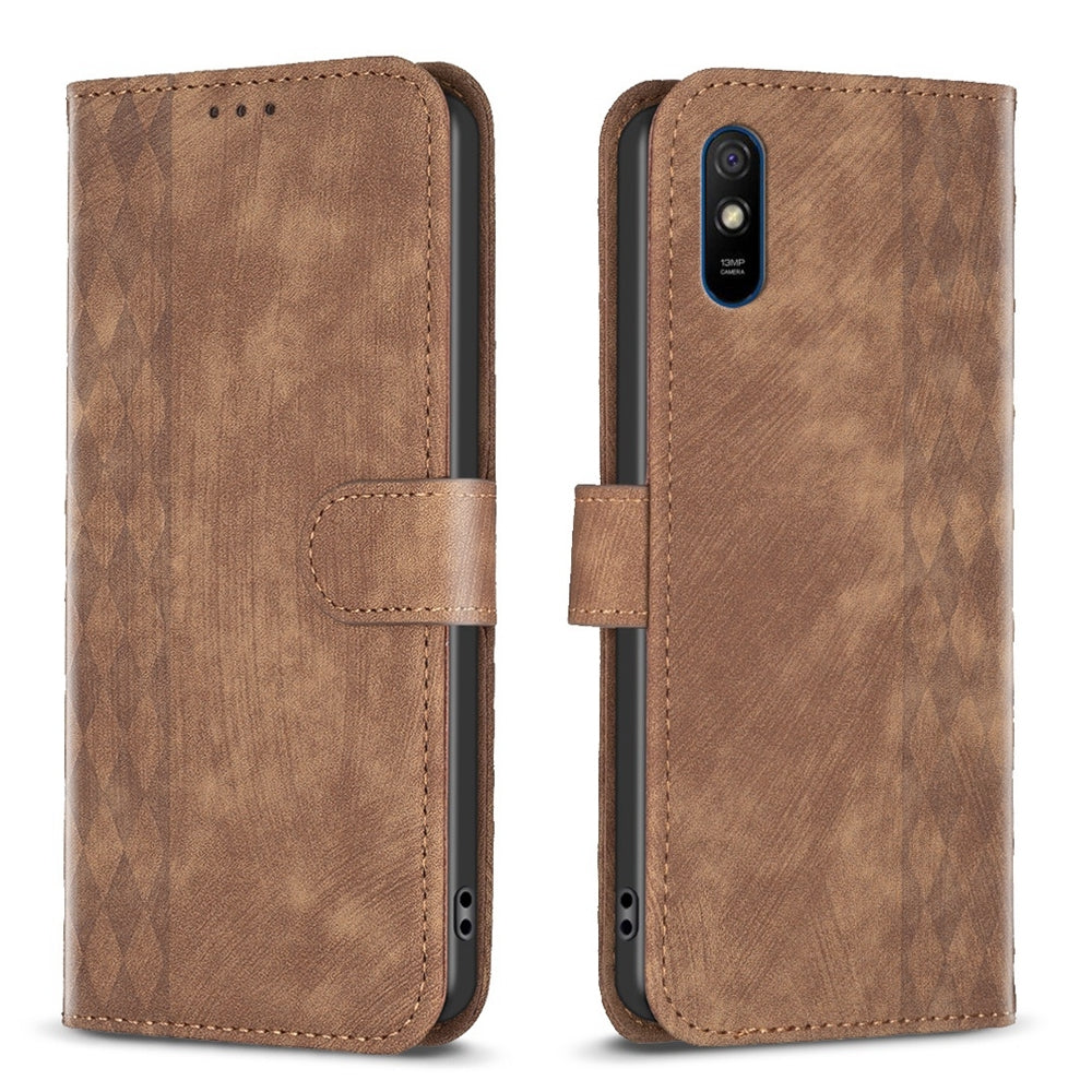 Xiaomi Redmi 9A Case - Embossed Plaid Leather Wallet Cover with Card Slots, Kickstand, and 360 degree Protection