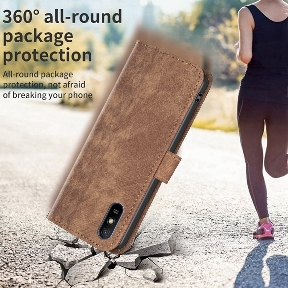 Xiaomi Redmi 9A Case - Embossed Plaid Leather Wallet Cover with Card Slots, Kickstand, and 360 degree Protection