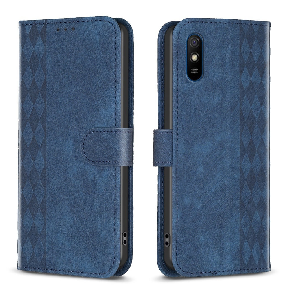 Xiaomi Redmi 9A Case - Embossed Plaid Leather Wallet Cover with Card Slots, Kickstand, and 360 degree Protection