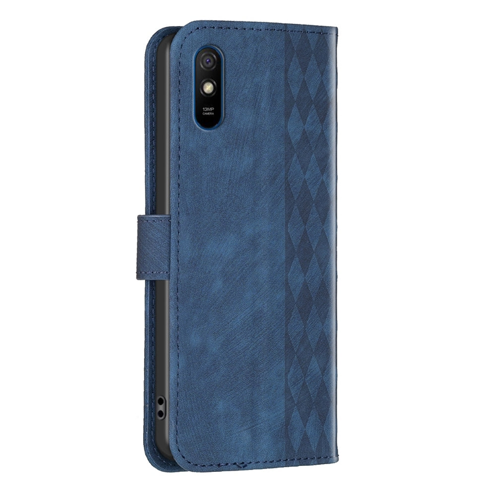 Xiaomi Redmi 9A Case - Embossed Plaid Leather Wallet Cover with Card Slots, Kickstand, and 360 degree Protection