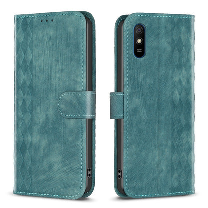 Xiaomi Redmi 9A Case - Embossed Plaid Leather Wallet Cover with Card Slots, Kickstand, and 360 degree Protection