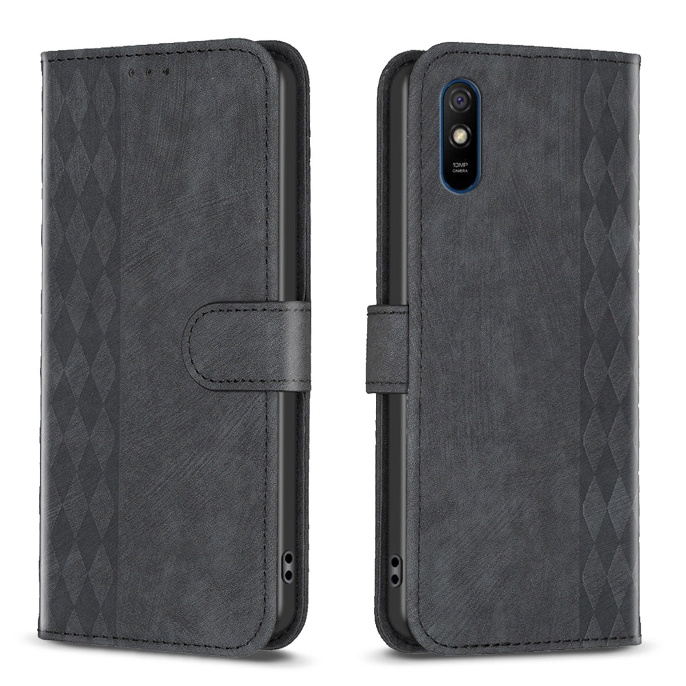 Xiaomi Redmi 9A Case - Embossed Plaid Leather Wallet Cover with Card Slots, Kickstand, and 360 degree Protection