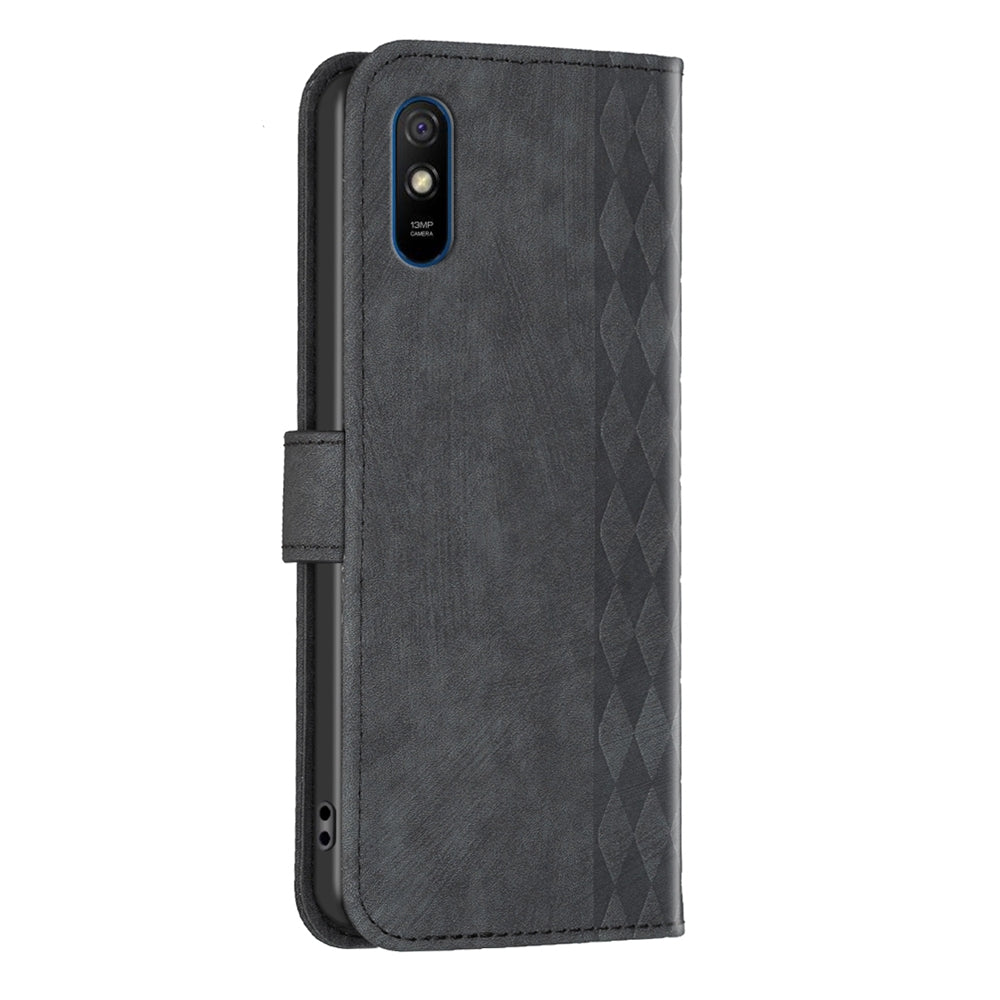 Xiaomi Redmi 9A Case - Embossed Plaid Leather Wallet Cover with Card Slots, Kickstand, and 360 degree Protection