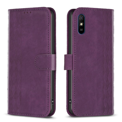 Xiaomi Redmi 9A Case - Embossed Plaid Leather Wallet Cover with Card Slots, Kickstand, and 360 degree Protection