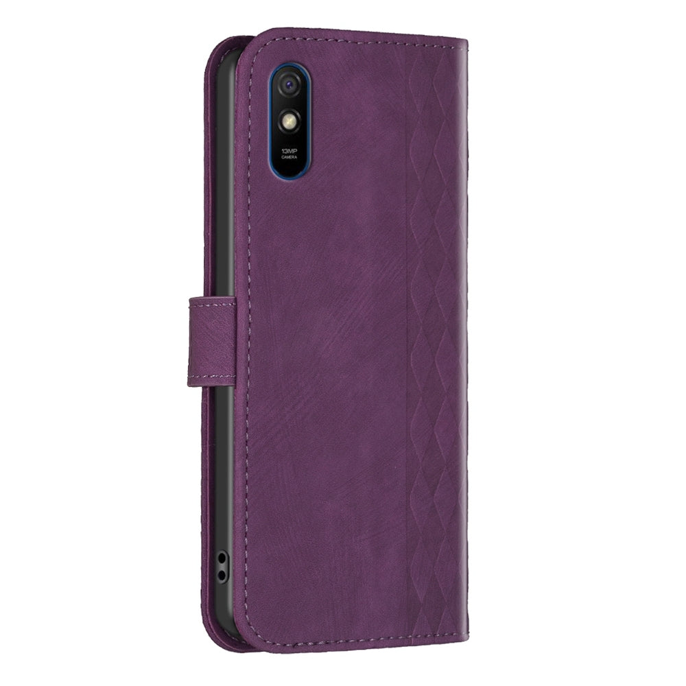 Xiaomi Redmi 9A Case - Embossed Plaid Leather Wallet Cover with Card Slots, Kickstand, and 360 degree Protection