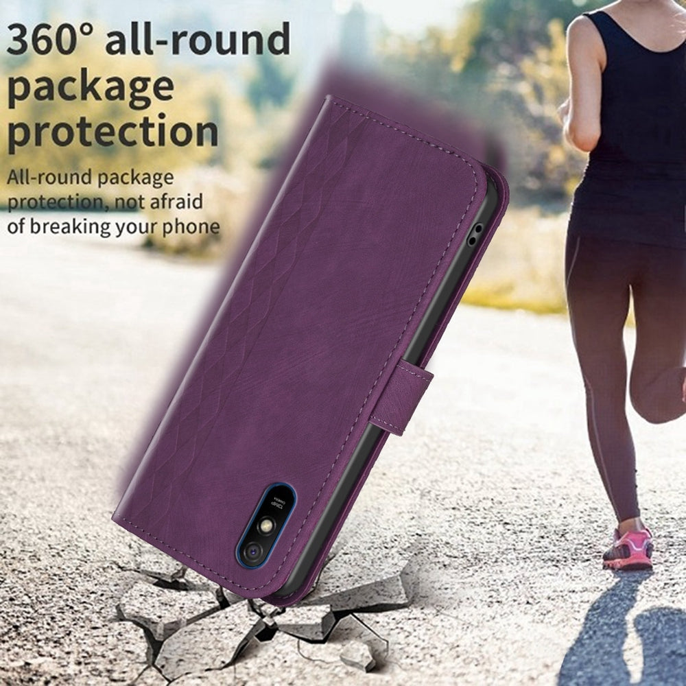 Xiaomi Redmi 9A Case - Embossed Plaid Leather Wallet Cover with Card Slots, Kickstand, and 360 degree Protection