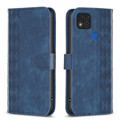 Xiaomi Redmi 9C Case - Embossed Plaid Leather Wallet Cover with Card Slots, Kickstand, and 360 degree Protection