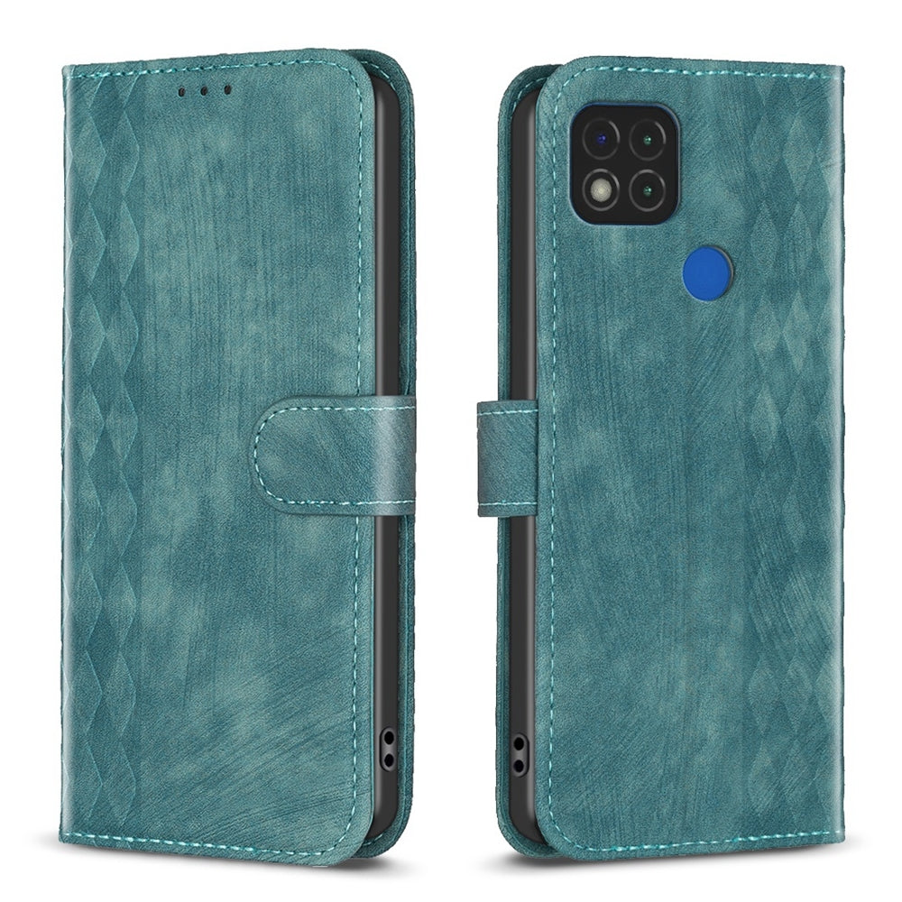 Xiaomi Redmi 9C Case - Embossed Plaid Leather Wallet Cover with Card Slots, Kickstand, and 360 degree Protection