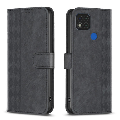 Xiaomi Redmi 9C Case - Embossed Plaid Leather Wallet Cover with Card Slots, Kickstand, and 360 degree Protection