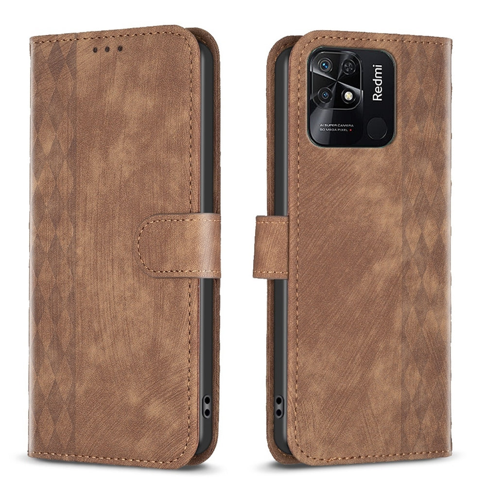 Xiaomi Redmi 10C Case - Embossed Plaid Leather Wallet Cover with Card Slots, Kickstand, and 360 degree Protection