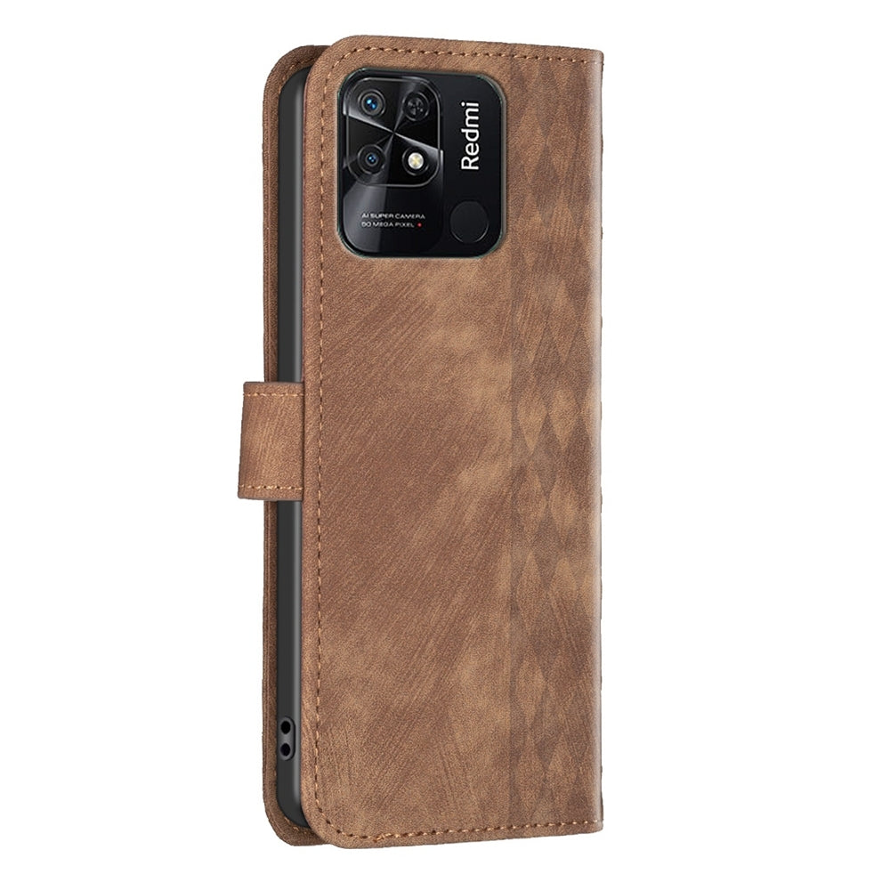 Xiaomi Redmi 10C Case - Embossed Plaid Leather Wallet Cover with Card Slots, Kickstand, and 360 degree Protection