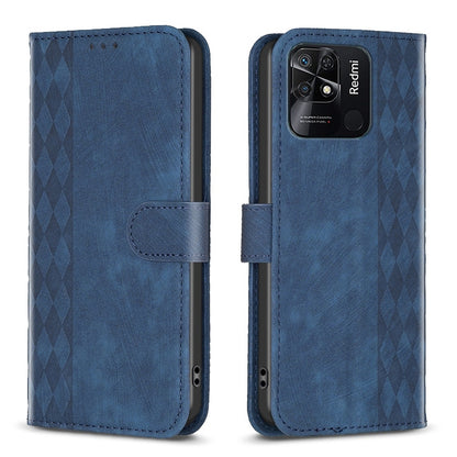 Xiaomi Redmi 10C Case - Embossed Plaid Leather Wallet Cover with Card Slots, Kickstand, and 360 degree Protection