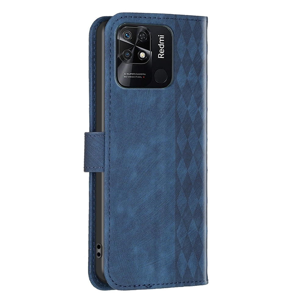 Xiaomi Redmi 10C Case - Embossed Plaid Leather Wallet Cover with Card Slots, Kickstand, and 360 degree Protection