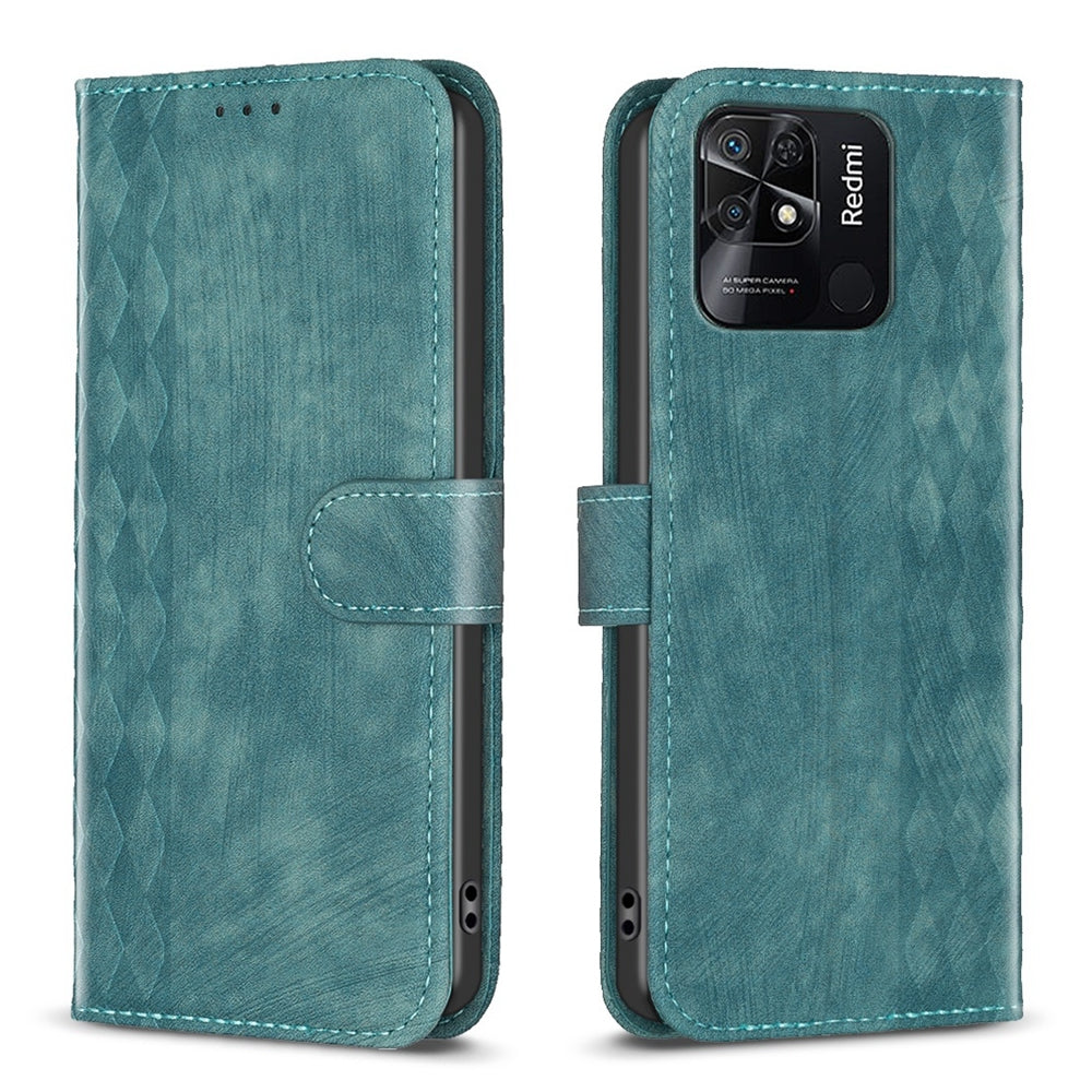 Xiaomi Redmi 10C Case - Embossed Plaid Leather Wallet Cover with Card Slots, Kickstand, and 360 degree Protection