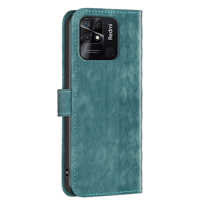 Xiaomi Redmi 10C Case - Embossed Plaid Leather Wallet Cover with Card Slots, Kickstand, and 360 degree Protection