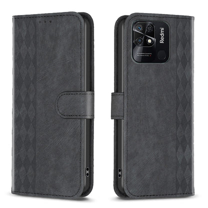 Xiaomi Redmi 10C Case - Embossed Plaid Leather Wallet Cover with Card Slots, Kickstand, and 360 degree Protection