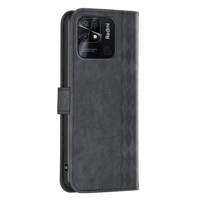 Xiaomi Redmi 10C Case - Embossed Plaid Leather Wallet Cover with Card Slots, Kickstand, and 360 degree Protection