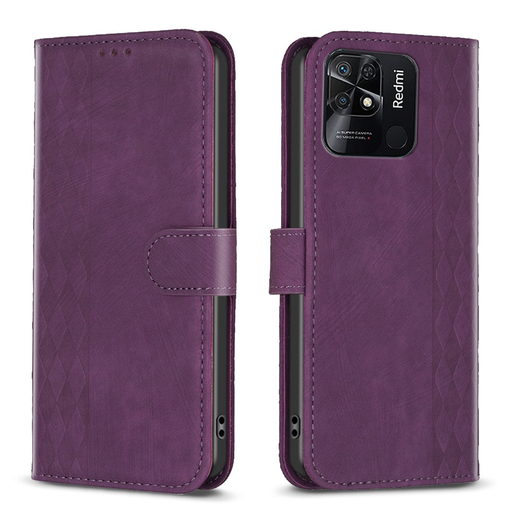 Xiaomi Redmi 10C Case - Embossed Plaid Leather Wallet Cover with Card Slots, Kickstand, and 360 degree Protection