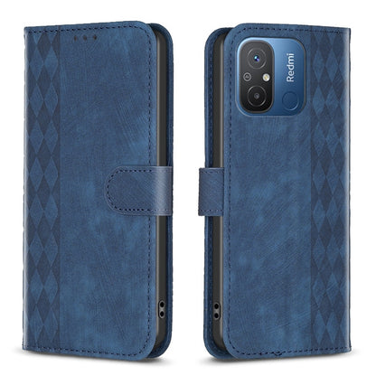 Xiaomi Redmi 12C Case - Embossed Plaid Leather Wallet Cover with Card Slots, Kickstand, and 360 degree Protection