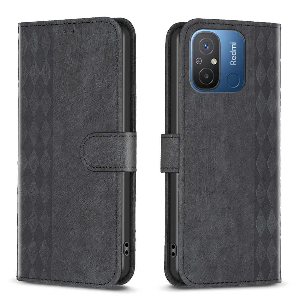 Xiaomi Redmi 12C Case - Embossed Plaid Leather Wallet Cover with Card Slots, Kickstand, and 360 degree Protection