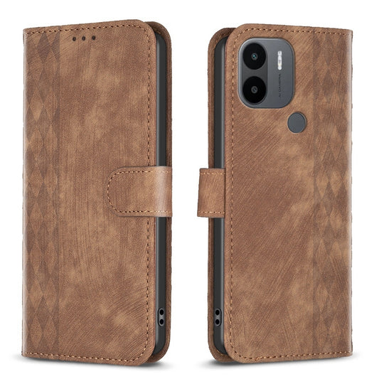 Xiaomi Redmi A1+ Case - Embossed Plaid Leather Wallet Cover with Card Slots, Kickstand, and 360 degree Protection