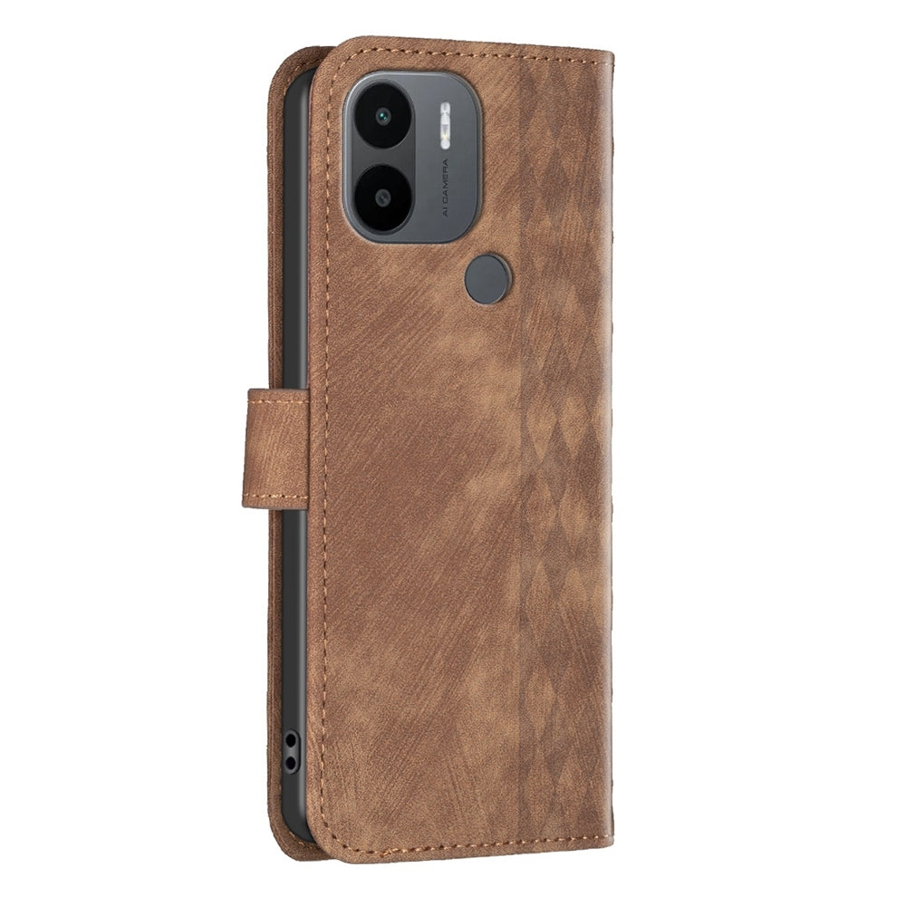 Xiaomi Redmi A1+ Case - Embossed Plaid Leather Wallet Cover with Card Slots, Kickstand, and 360 degree Protection