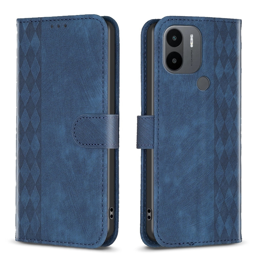 Xiaomi Redmi A1 Case - Embossed Plaid Leather Wallet Cover with Card Slots, Kickstand, and 360 degree Protection