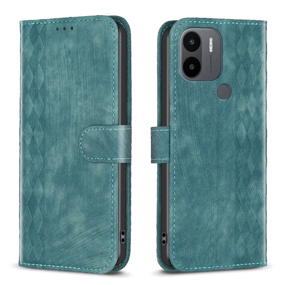 Xiaomi Redmi A1+ Case - Embossed Plaid Leather Wallet Cover with Card Slots, Kickstand, and 360 degree Protection