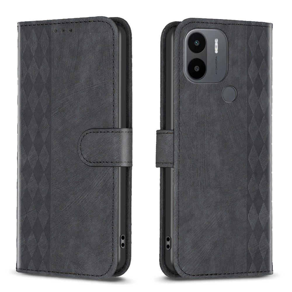 Xiaomi Redmi A1+ Case - Embossed Plaid Leather Wallet Cover with Card Slots, Kickstand, and 360 degree Protection