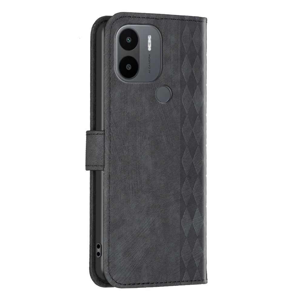 Xiaomi Redmi A1+ Case - Embossed Plaid Leather Wallet Cover with Card Slots, Kickstand, and 360 degree Protection