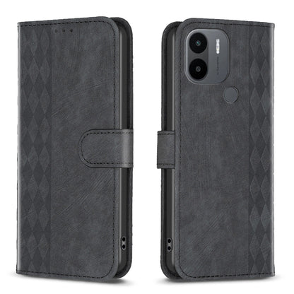 Xiaomi Redmi A1 Case - Embossed Plaid Leather Wallet Cover with Card Slots, Kickstand, and 360 degree Protection