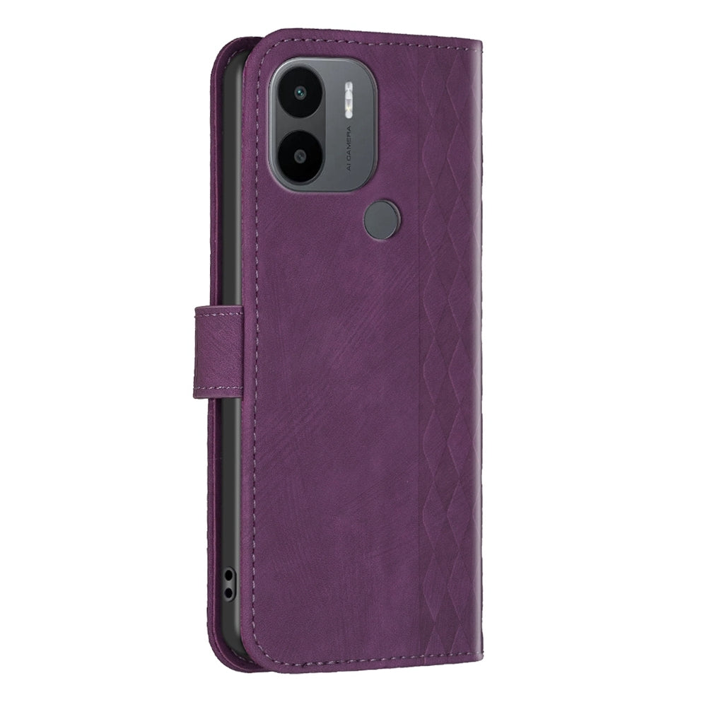 Xiaomi Redmi A1 Case - Embossed Plaid Leather Wallet Cover with Card Slots, Kickstand, and 360 degree Protection