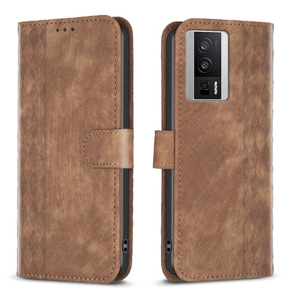 Xiaomi Redmi K60 Case - Embossed Plaid Leather Wallet Cover with Card Slots, Kickstand, and 360 degree Protection