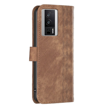 Xiaomi Redmi K60 Case - Embossed Plaid Leather Wallet Cover with Card Slots, Kickstand, and 360 degree Protection