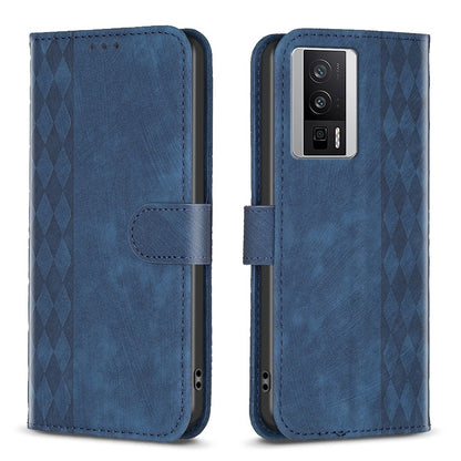 Xiaomi Redmi K60 Case - Embossed Plaid Leather Wallet Cover with Card Slots, Kickstand, and 360 degree Protection